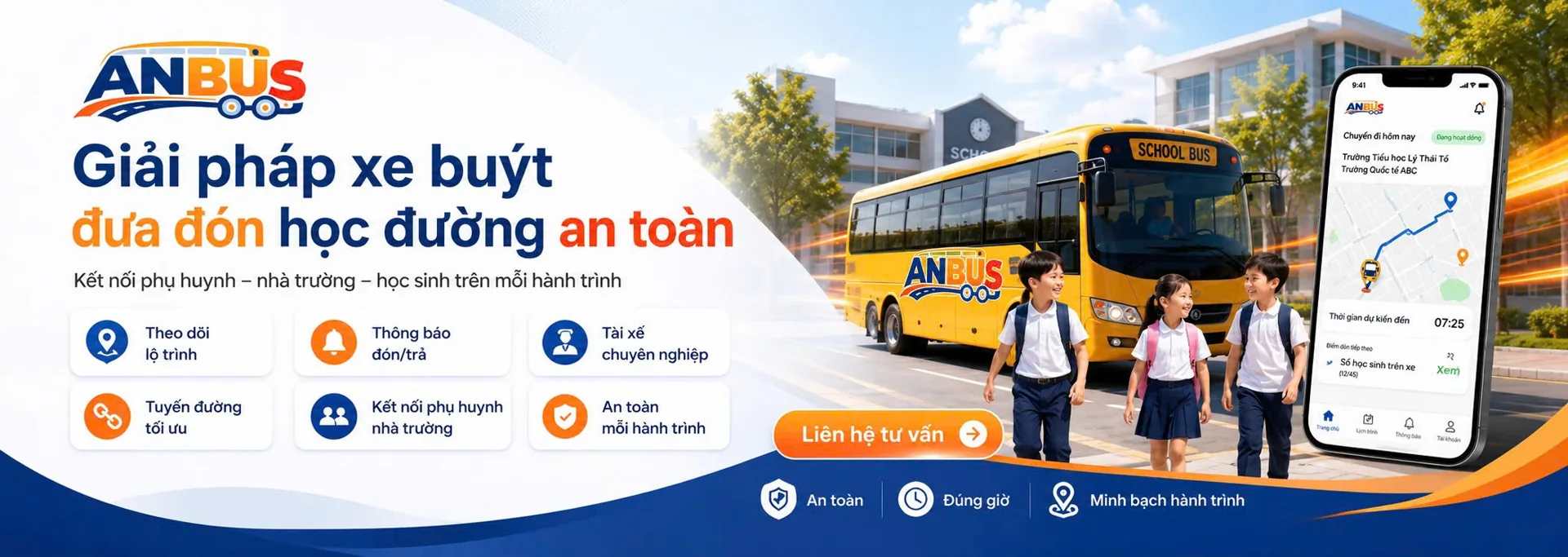 Giải pháp an toàn dành cho xe bus đưa đón học đường: theo dõi lộ trình, thông báo đón trả, kết nối phụ huynh và nhà trường